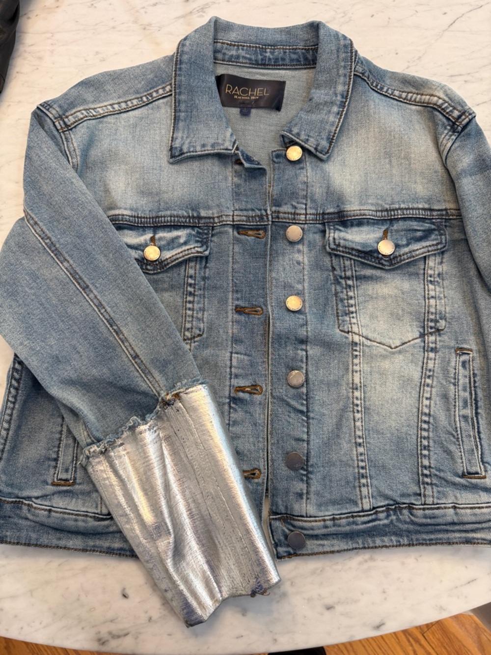Rachel Light Blue Denim Jacket with Silver Metallic Sleeve